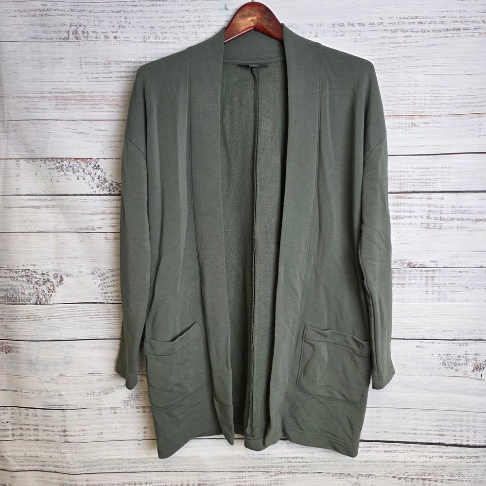 Free Fly Bamboo Fleece Cardigan Olive Green Open Front Pocket Sweater Medium